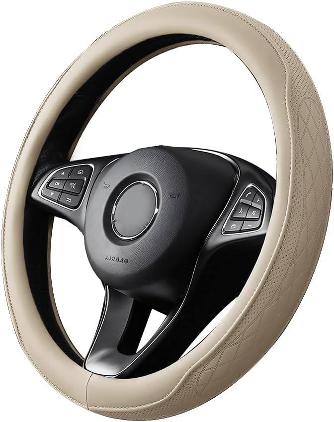 Zpana Car Steering Wheel Cover, 14.5-15" Breathable Soft Leather Vehicle Steering Wheel Protector with Anti-Slip Lining, Comfortable Auto Interior Decoration Accessories, Universal Fit (Beige)