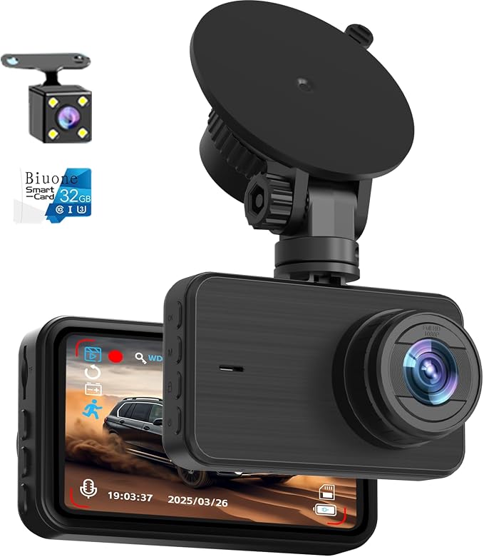 Dash Cam Front and Rear with 32G Card FHD 1080P 3”IPS Screen Dash Camera for Cars W/Super Night Vision Dashboard Camera with G-Sensor, Parking Monitor, Loop Recording, Motion Detection