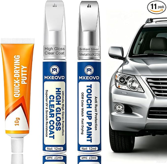 Brilliant Silver Metallic K23 Touch Up Paint Compatible with Nissan, All in One Car Scratch Repair Kit with Primer Putty & Clear Coat, Complete Sanding Tools Set for Scratches Chips Nicks