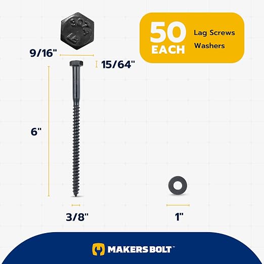 3/8 x 6 (50 Pack) Lag Screw Kit, 50 Screws and 50 Washers, Ceramic Black Ruspert Coating for Exterior Use, Meets ASTM A307 and ASME B18.2.1, Industrial/Commerical Grade by Makers Bolt