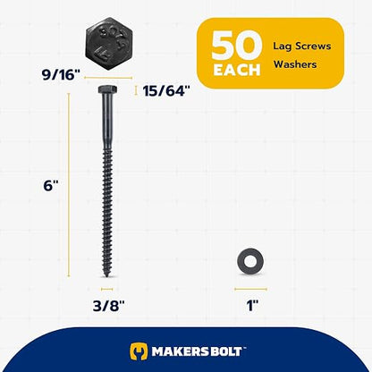 3/8 x 6 (50 Pack) Lag Screw Kit, 50 Screws and 50 Washers, Ceramic Black Ruspert Coating for Exterior Use, Meets ASTM A307 and ASME B18.2.1, Industrial/Commerical Grade by Makers Bolt