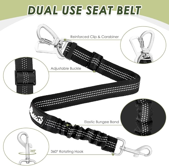 Lukovee Dog Car Harness Seat Belt, Adjustable Mesh Breathable Vest with Elastic Bungee Tether, Soft Padded 2-in-1 Safety Car Harness Seatbelt for Small Medium Large Dogs (Black,L)