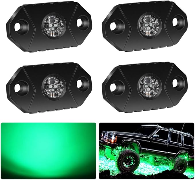 4WDKING Green LED Rock Lights, 4 Pods IP68 Waterproof Underbody Glow Trail Rig Lamp LED Neon Lights for Truck Off Road Truck Car Boat ATV SUV Motorcycle