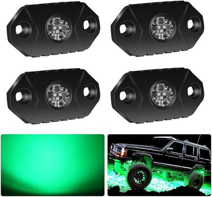 4WDKING Green LED Rock Lights, 4 Pods IP68 Waterproof Underbody Glow Trail Rig Lamp LED Neon Lights for Truck Off Road Truck Car Boat ATV SUV Motorcycle