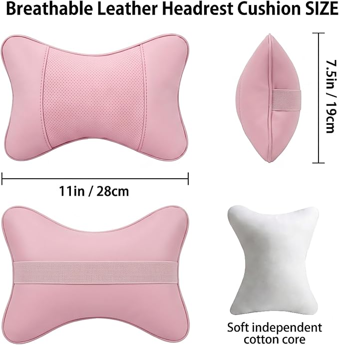 Car Pillow for Car Neck Pillow for Driving Seat Leather Neck Support Soft Cushion Support Head-Rests for Vehicle Sleeping with Elastic Adjustment Strap 2PCS (Neck, Light Pink)