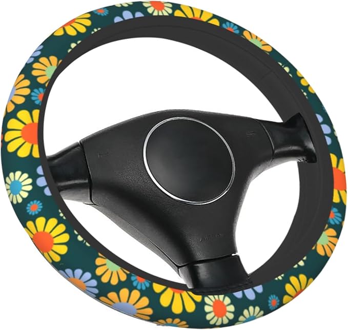 Hippie Flower Steering Wheel Cover, Anti-Slip 15 Inches Car Steering Wheel Cover for Women Men, Neoprene Floral Car Accessories Protective Case for Vehicle Truck SUV