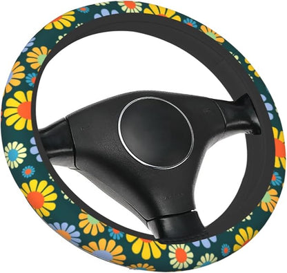 Hippie Flower Steering Wheel Cover, Anti-Slip 15 Inches Car Steering Wheel Cover for Women Men, Neoprene Floral Car Accessories Protective Case for Vehicle Truck SUV