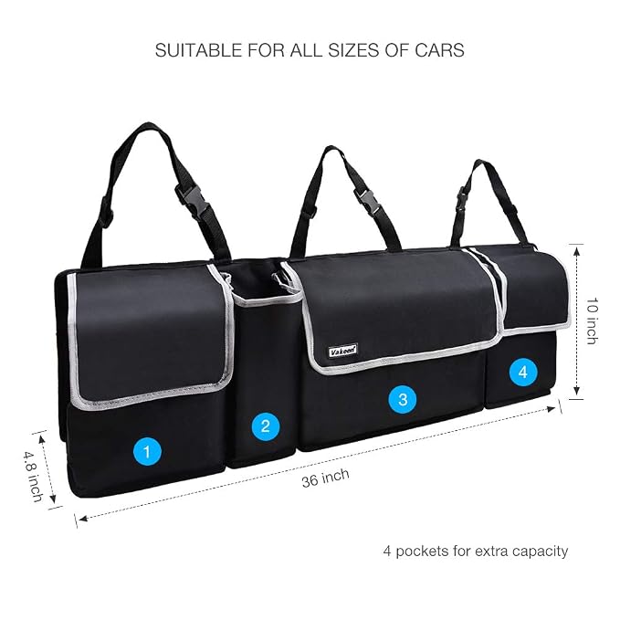 Backseat Trunk Organizer for SUV & Car - Hanging Organizer Foldable Cargo Storage Bag with 4 Pockets Adjustable Strap Durable Cover and Fit for Most Vehicles