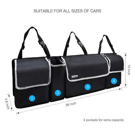 Backseat Trunk Organizer for SUV & Car - Hanging Organizer Foldable Cargo Storage Bag with 4 Pockets Adjustable Strap Durable Cover and Fit for Most Vehicles