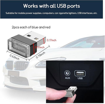 Dickno 4 PCS USB LED Car Interior Atmosphere Lamp, Portable Mini LED Night Light, Plug-in USB Interface Trunk Ambient Lighting Kit, Universal Vehicle Interior Accessories (Blue+Red)