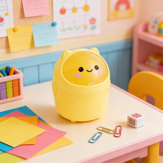 Mini Trash Can, Cute Small Trash Can with Lid, Desktop Paper Bin with 5 Rolls of Bin Liners, Portable Tabletop Dustbin, Cartoon Animal Rubbish Storage for Office Bedroom Desk Kitchen(Yellow)