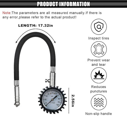BDZMC Car Tire Pressure Gauge, 0-100 PSI Air Pressure Gauge with 2.5 Inch Large Scale Dial, Accurate Easy to Read, Certified ANSI Tire Gauges with Flexible Air Hose for Cars, SUVs, Trucks (Silver)