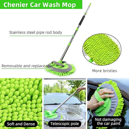 62" Car Wash Brush with Long Handle Chenille Microfiber Car Wash Mop Mitt, Wheel Brush, Windshield Window Squeegee, Car Duster Microfiber Towel, Gloves, for Cleaning Cars, RV, Truck, Boat