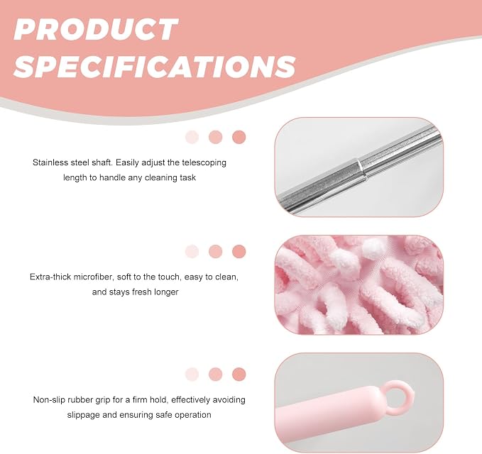 2PCS Car Interior Duster with Extension Pole, 11.8 to 30.5 Inch Retractable Dusters Washable Car Interior Cleaning Brush, Soft Scratch-Free Chenille Auto Dash Vent Window Duster (Light Pink)