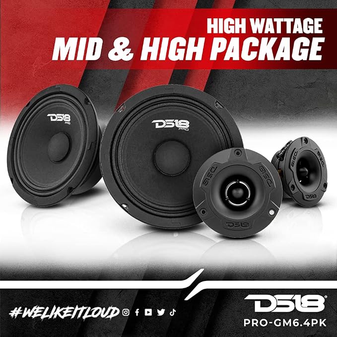 DS18 PRO-GM6.4PK Mid and High Complete Package - Includes 2X Midrange Loudspeaker 6" and 2X Aluminum Super Bullet Tweeter 1" Built in Crossover - Door Speakers for Car or Truck Stereo Sound System