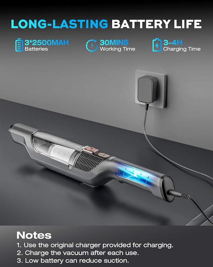 Zefiro Compact Powerful Cordless Handheld Vacuum, Rechargeable Portable Car Vacuum for Car & Pet Hair, Brushless Motor 25000PA High Suction, XL Dust Cup, 2 Brushes & Filters, Long Runtime with Charger