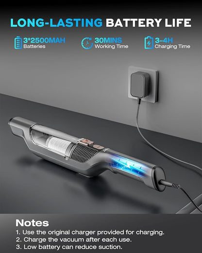 Zefiro Compact Powerful Cordless Handheld Vacuum, Rechargeable Portable Car Vacuum for Car & Pet Hair, Brushless Motor 25000PA High Suction, XL Dust Cup, 2 Brushes & Filters, Long Runtime with Charger