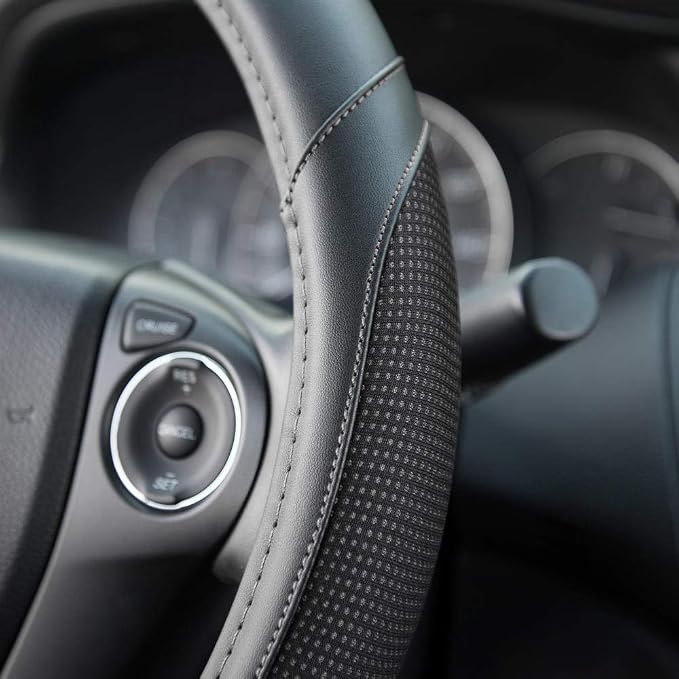 Motor Trend White Steering Wheel Cover - Dotted Comfort Polyester Grip on Stitched Synthetic Leather, White/Black
