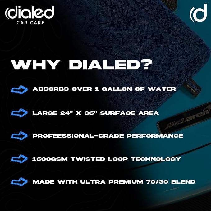 Dialed Drying Towel 1600 GSM, Premium 70/30 Blend Microfiber for Drying Cars, Trucks, SUVs. Professional Grade, Safe for Detailing + Lint Free. 24"" x 36"", Marina Blue, X-Large