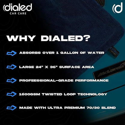 Dialed Drying Towel 1600 GSM, Premium 70/30 Blend Microfiber for Drying Cars, Trucks, SUVs. Professional Grade, Safe for Detailing + Lint Free. 24"" x 36"", Marina Blue, X-Large