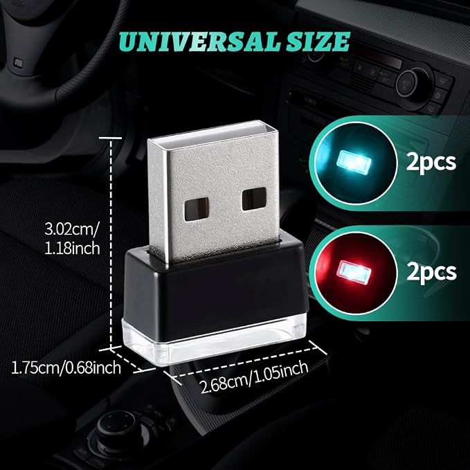4PCS USB LED Car Interior Atmosphere Lamp, Plug-in USB Decor Night Light, Portable Auto Ambient Lighting Kit, Universal Vehicle Interior Accessories Mini USB LED Light for Most Cars (2Red+2ice Blue)