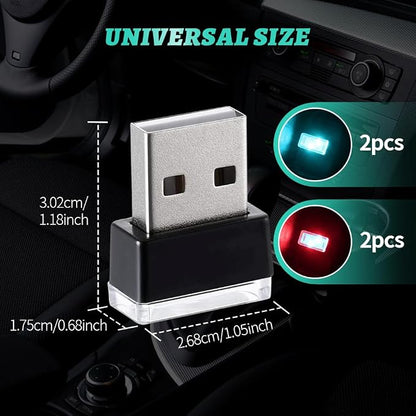 4PCS USB LED Car Interior Atmosphere Lamp, Plug-in USB Decor Night Light, Portable Auto Ambient Lighting Kit, Universal Vehicle Interior Accessories Mini USB LED Light for Most Cars (2Red+2ice Blue)
