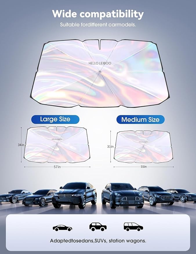 helloleiboo Car Windshield Sun Shade Umbrella,Colorful 360°Rotating Foldable Windshield Sun Shade Front Window Reflective Polyester Blocks Heat and Sun Sun Shade for Cars SUV