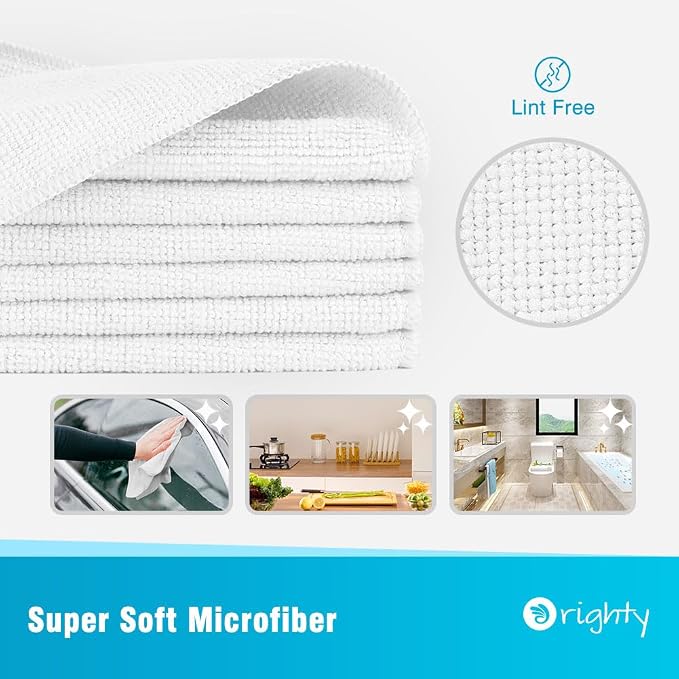 Orighty White Microfiber Cleaning Cloth, Microfiber Towels for Cars, Highly Absorbent Car Cleaning Supplies, Lint Free Cloths Clean Rags for Car Care, House, Kitchen, 12x11 inch, Pack of 24