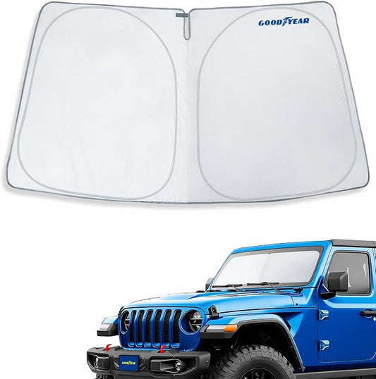 Goodyear Foldable Windshield Sunshade for Jeep Wrangler 2018-2026, SUV car Accessories, Sunshade Cover, Sun Shade Car Windshield, Window Sun Blocker - GY008210