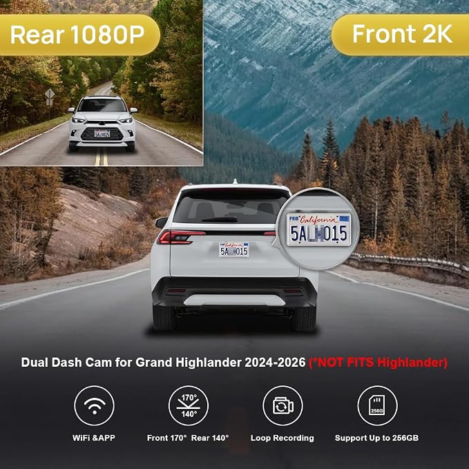 Fitcamx Front 2K+Rear 1080P Dash Cam Adapts for Toyota Grand Highlander 2024-2026 & Hybrid (HD2-0E130), OEM Look, 2 Way HD Video, WiFi & APP, Loop Recording, G-Sensor, Easy to Use, 64GB Card