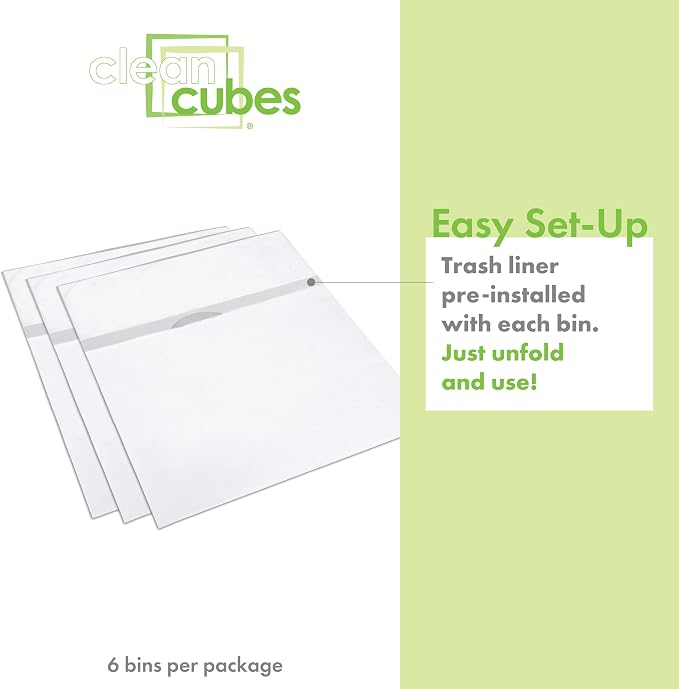 Clean Cubes 13 Gallon Disposable Pop-Up Trash Cans (6-Pack) with Fitted Bags – Foldable Garbage & Recycling Bins for Parties, Events & Kitchen (White, 17" H x 13.5" W x 10" D)