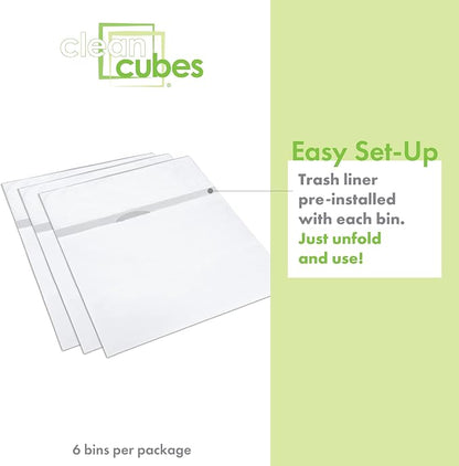 Clean Cubes 13 Gallon Disposable Pop-Up Trash Cans (6-Pack) with Fitted Bags – Foldable Garbage & Recycling Bins for Parties, Events & Kitchen (White, 17" H x 13.5" W x 10" D)
