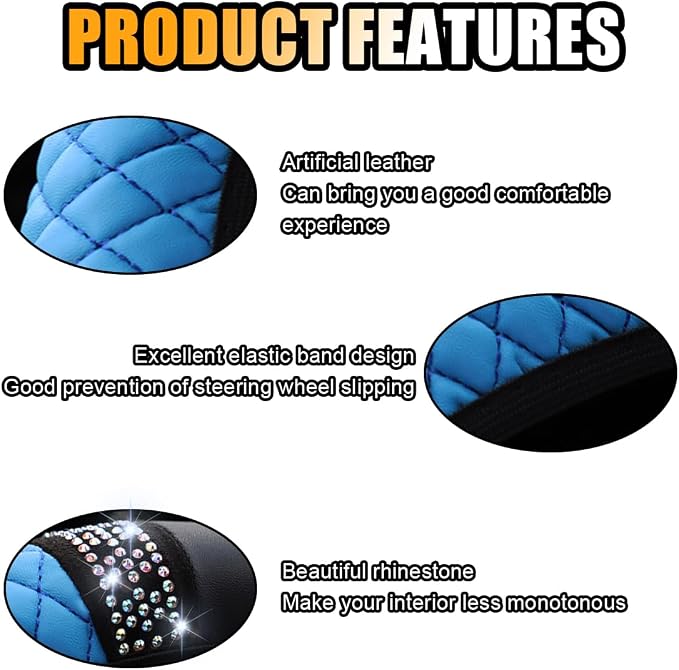 Bling Soft Leather Steering Wheel Cover, 15 Inch Colorful Rhinestones Auto Elastic Protector with Crystal Diamond for Women Girls, Car Accessories for Most Cars, SUVs (Blue)