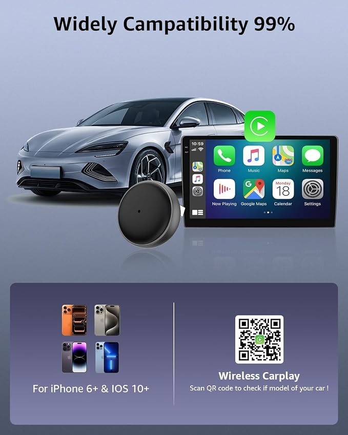 Wireless CarPlay Adapter for Apple iPhone iOS 10+, Mini Edition, Plug & Play, Convert Wired to Wireless Dongle, Easy & Quick Connect, Less Heat