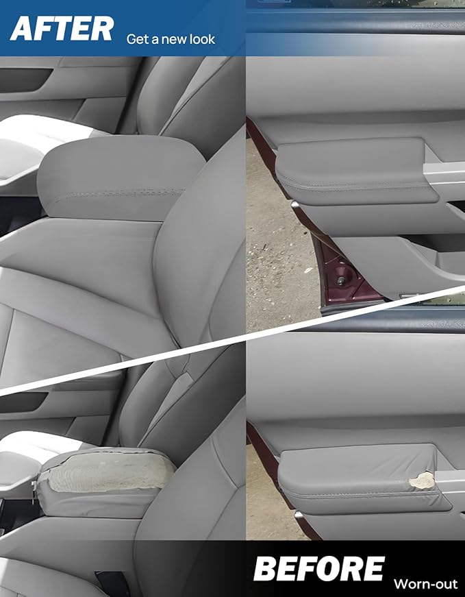 JOYTUTUS Center Console Cover and Front Door Panel Armrest Cover Kit Compatible with 2009-2015 Pilot, Leather Arm Rest Armrest Cover for Car, Middle Console Cover Lid Replacement for Trucks, Gray