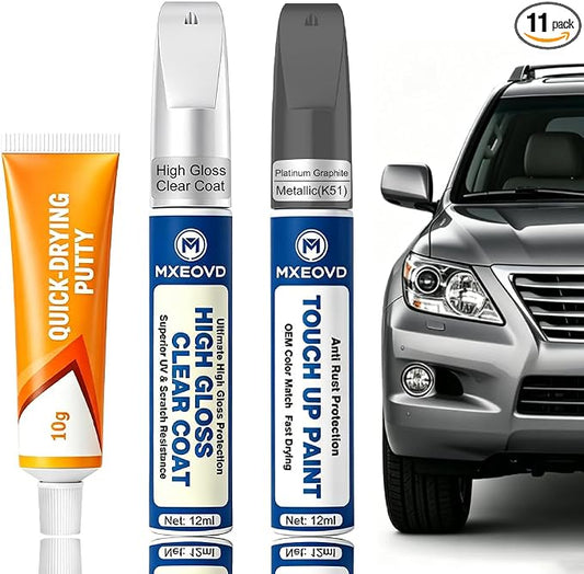 Platinum Graphite Metallic K51 Touch Up Paint Compatible with Nissan, All in One Car Scratch Repair Kit with Primer Putty & Clear Coat, Complete Sanding Tools Set for Scratches Chips Nicks