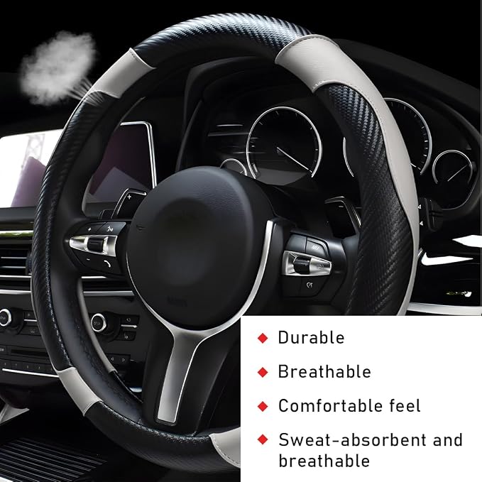 povtii Car Steering Wheel Cover, 15 Inch Leather Breathable Auto Steering Wheel Protector, Comfortable Non-Slip Vehicle Steering Wheel Covers, Universal Car Accessories (White, with Lining)