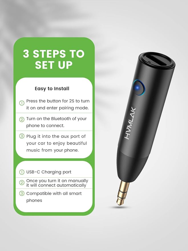 HVMLAK Bluetooth 5.4 Car Aux Adapter with Enhanced Microphone, 3.5mm Jack for Car Home Stereo, USB-C Charging, Sturdy Case, 1 Piece