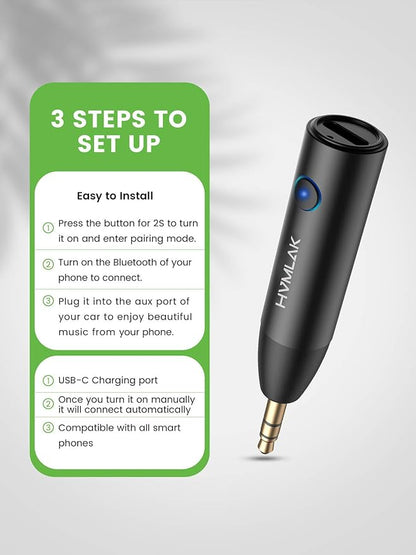 HVMLAK Bluetooth 5.4 Car Aux Adapter with Enhanced Microphone, 3.5mm Jack for Car Home Stereo, USB-C Charging, Sturdy Case, 1 Piece
