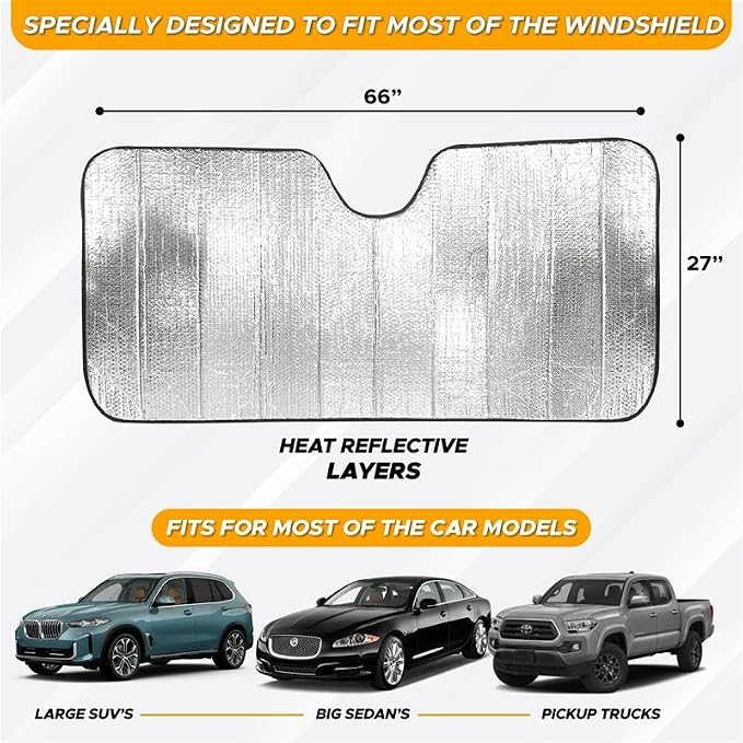EcoNour Accordion Foldable Windshield Sun Shade | Jumbo Sun Visor for Truck Front Windows | UV & Heat Reflective Sunshade with Durable Dual-Layer Design | X-Large (66" x 27")