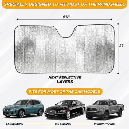 EcoNour Accordion Foldable Windshield Sun Shade | Jumbo Sun Visor for Truck Front Windows | UV & Heat Reflective Sunshade with Durable Dual-Layer Design | X-Large (66" x 27")
