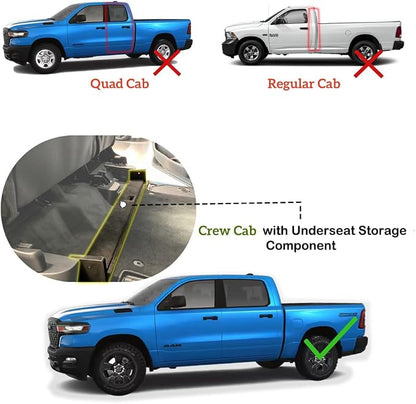 Under Seat Storage Boxes - Compatible with 2019-2026 Dodge Ram 1500 Crew Cab (Not for Classic), Heavy Duty Upgraded Rear Under Back Seat Storage Truck Cargo Black Tool Box Organizer