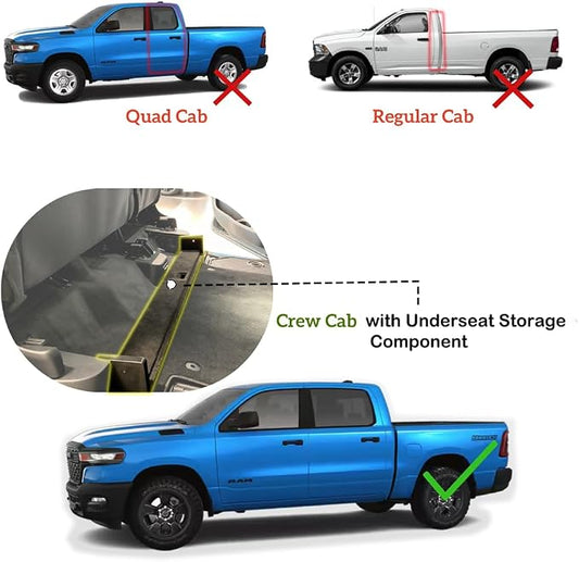 Under Seat Storage Boxes - Compatible with 2019-2026 Dodge Ram 1500 Crew Cab (Not for Classic), Heavy Duty Upgraded Rear Under Back Seat Storage Truck Cargo Black Tool Box Organizer