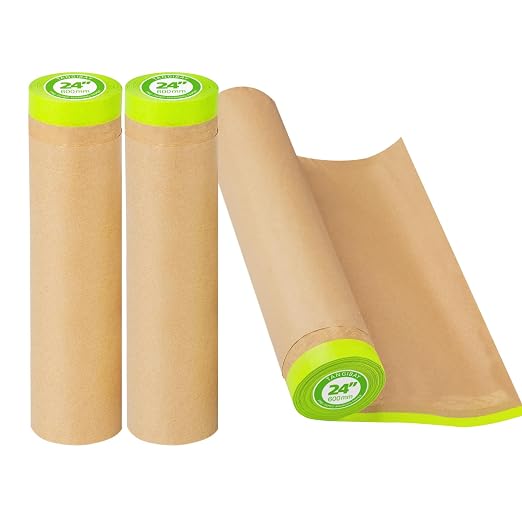 Tangibay Pre-Taped Masking Paper for Painting - 24 inch x 50 feet Painters Paper with Tape for House & Automotive Paint, Protecting Skirting, Frames, Cars and Auto Body (3 Rolls)