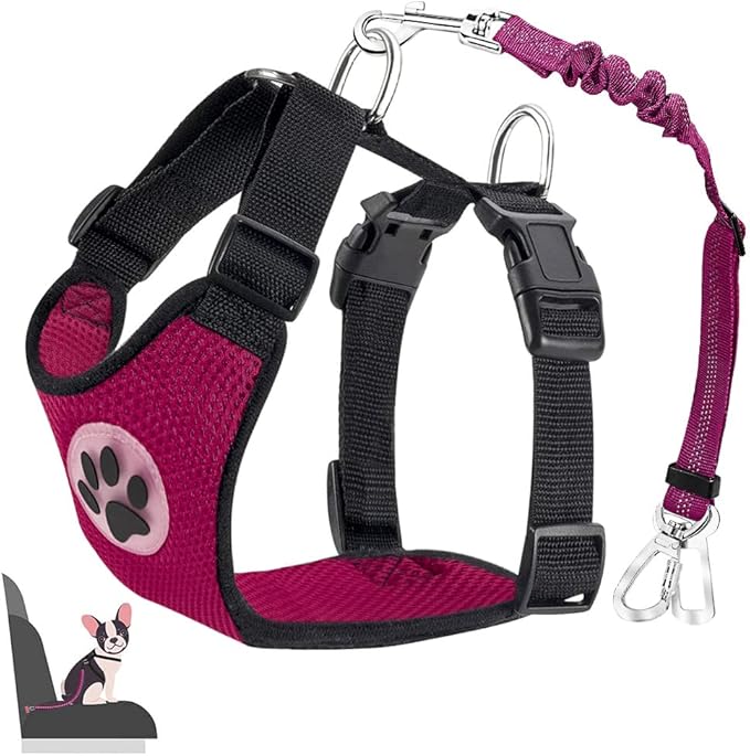 Lukovee Dog Car Harness Seat Belt, Adjustable Mesh Breathable Vest with Elastic Bungee Tether, Soft Padded 2-in-1 Safety Car Harness Seatbelt for Small Medium Large Dogs (Rose,L)