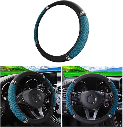 Osilly Bling Car Steering Wheel Cover, 15 Inch Rhinestones Soft Leather Elastic Steering Wheel Protector, Sparkly Crystal Diamond for Women Girls (Black Green)