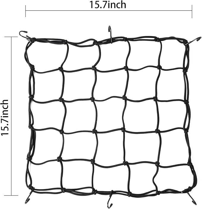 15.7"x15.7" Motorcycle Cargo Net 2Pcs with 2"x2" Small Mesh & 6 Metal Hooks, Stretchable Bungee Net for Helmets, Bikes, Surfboards, ATV, Kayak, Luggage Securing