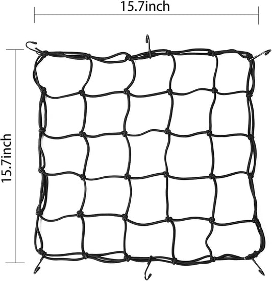 15.7"x15.7" Motorcycle Cargo Net 2Pcs with 2"x2" Small Mesh & 6 Metal Hooks, Stretchable Bungee Net for Helmets, Bikes, Surfboards, ATV, Kayak, Luggage Securing