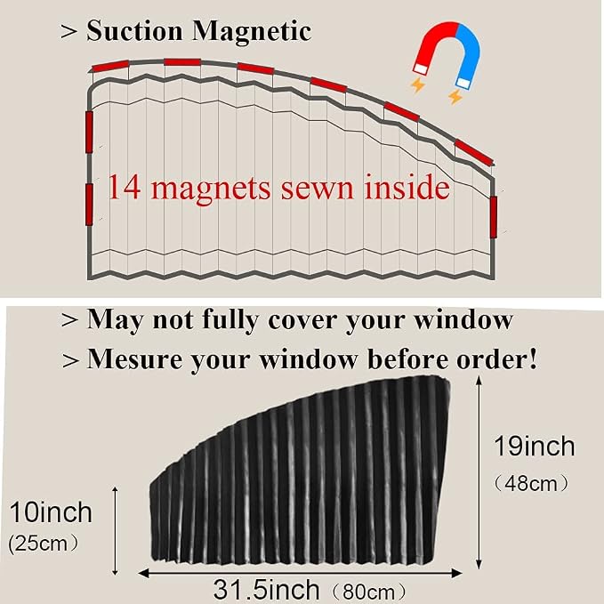 Ovege Car Side Window Sun Shade Car Curtain Pleated Silky Suction Magnetic (Black-Opaque, Front Seat 2pcs)