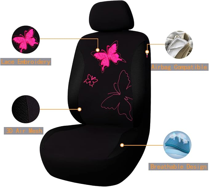 Flying Banner Butterfly car seat Covers ful Set Fashion Universal Lady Woman Female Rear Bench Split Colorized (Black Rose Red, Full Set - Lace)